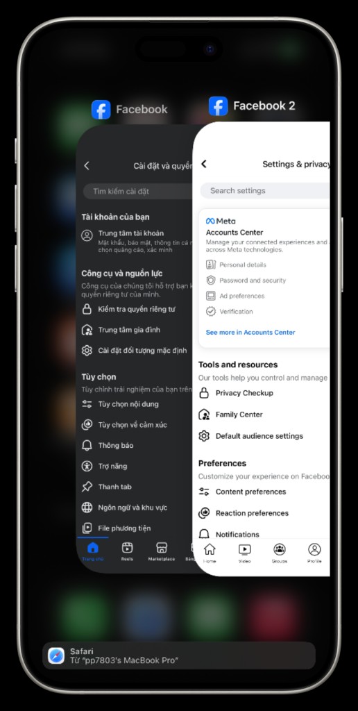 Facebook and Facebook 2 running side by side on iPhone with PSign